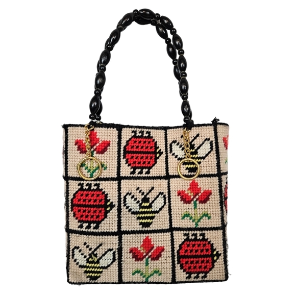 Vintage 70s Handmade Needlepoint Lady Bug Bee Flowers Small Tote Bag Purse - Picture 9 of 9
